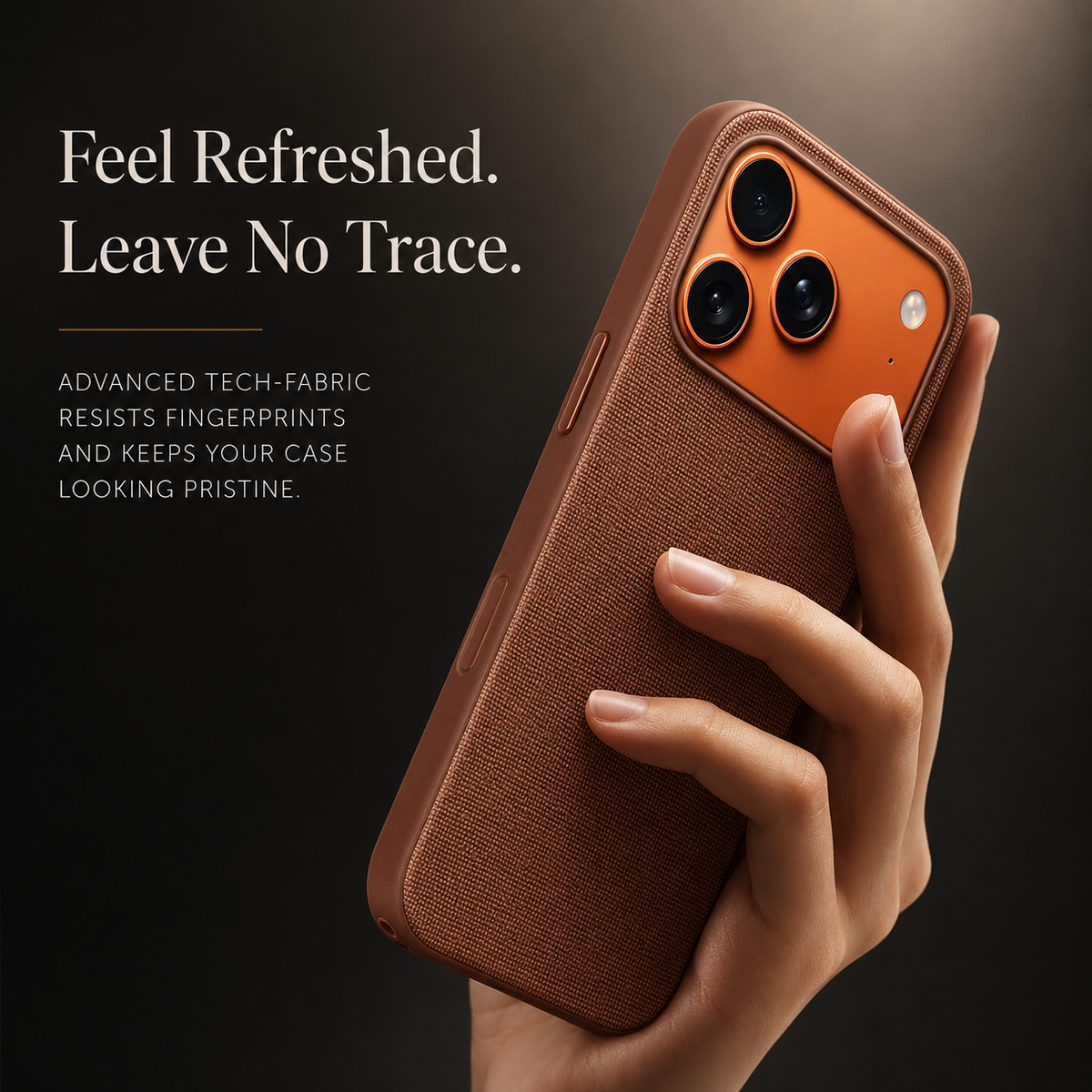 A hand holds a rust brown woven phone case at an angle against a dark background. The fabric back, matching orange camera surround and three black lenses are visible. The heading reads Feel Refreshed. Leave No Trace, with text about resisting fingerprints.