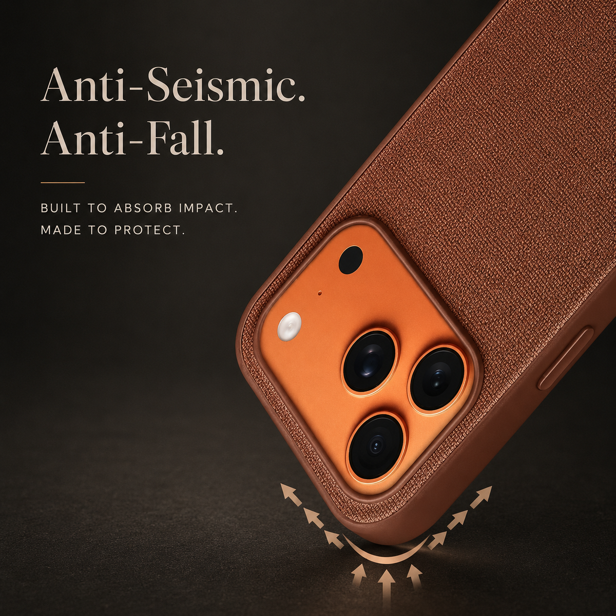 A close diagonal view shows the top corner of a rust brown woven case and its orange camera surround. Small arrows point upward beneath the rounded corner to illustrate impact absorption. The heading reads Anti-Seismic. Anti-Fall.
