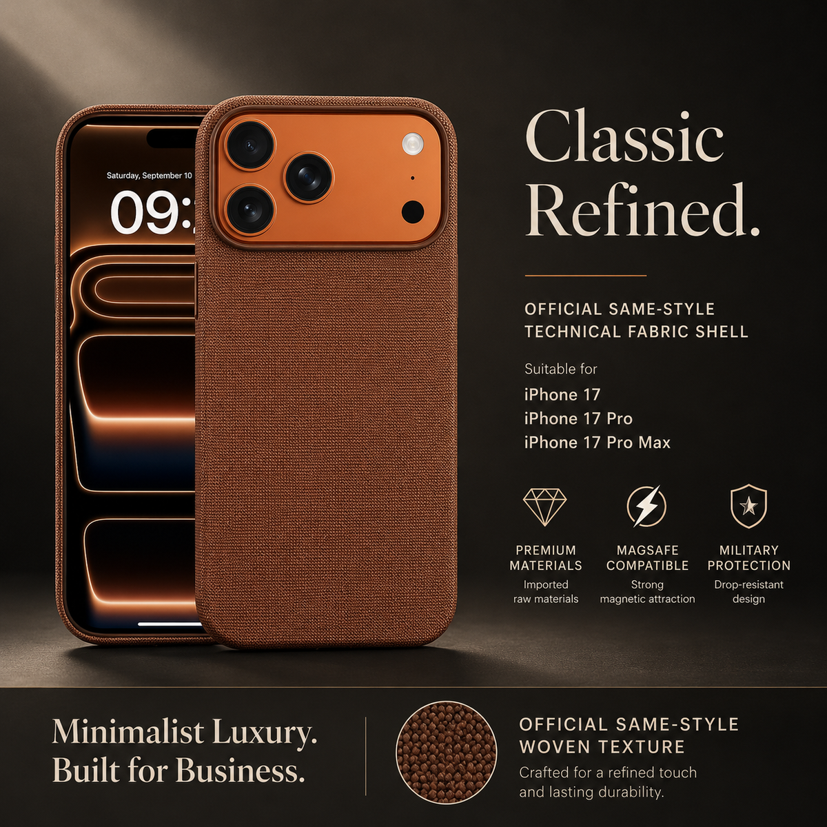 A rust brown fabric-covered phone stands in front of a second phone displaying an orange graphic. The heading reads Classic Refined. Smaller labels identify the iPhone 17 series and advertise woven texture, MagSafe compatibility and protection.