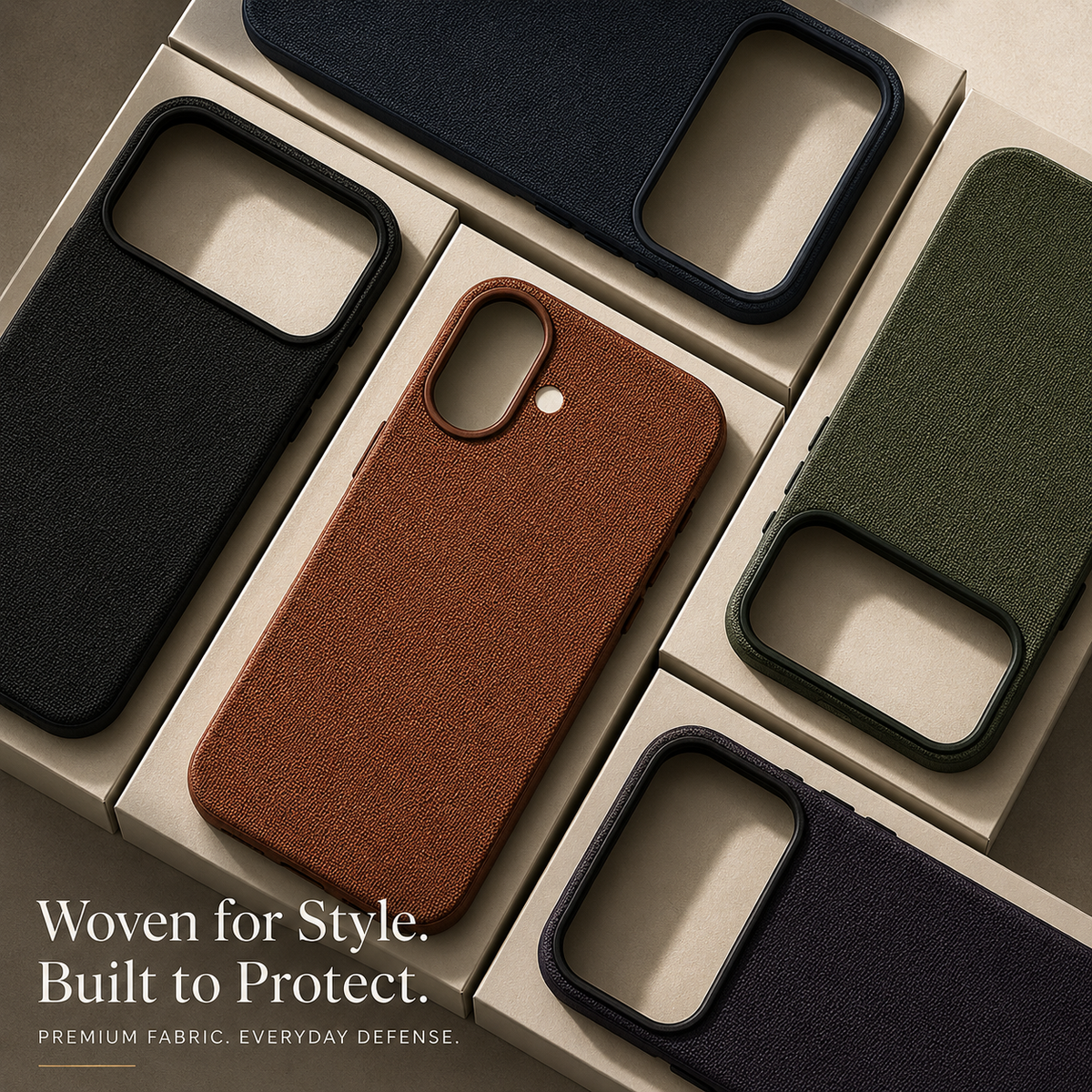 Five empty fabric cases lie in separate cream-colored packaging trays. Black, blue, green, purple and rust brown backs surround large camera openings; the brown case has a smaller pill-shaped opening. The heading reads Woven for Style. Built to Protect.