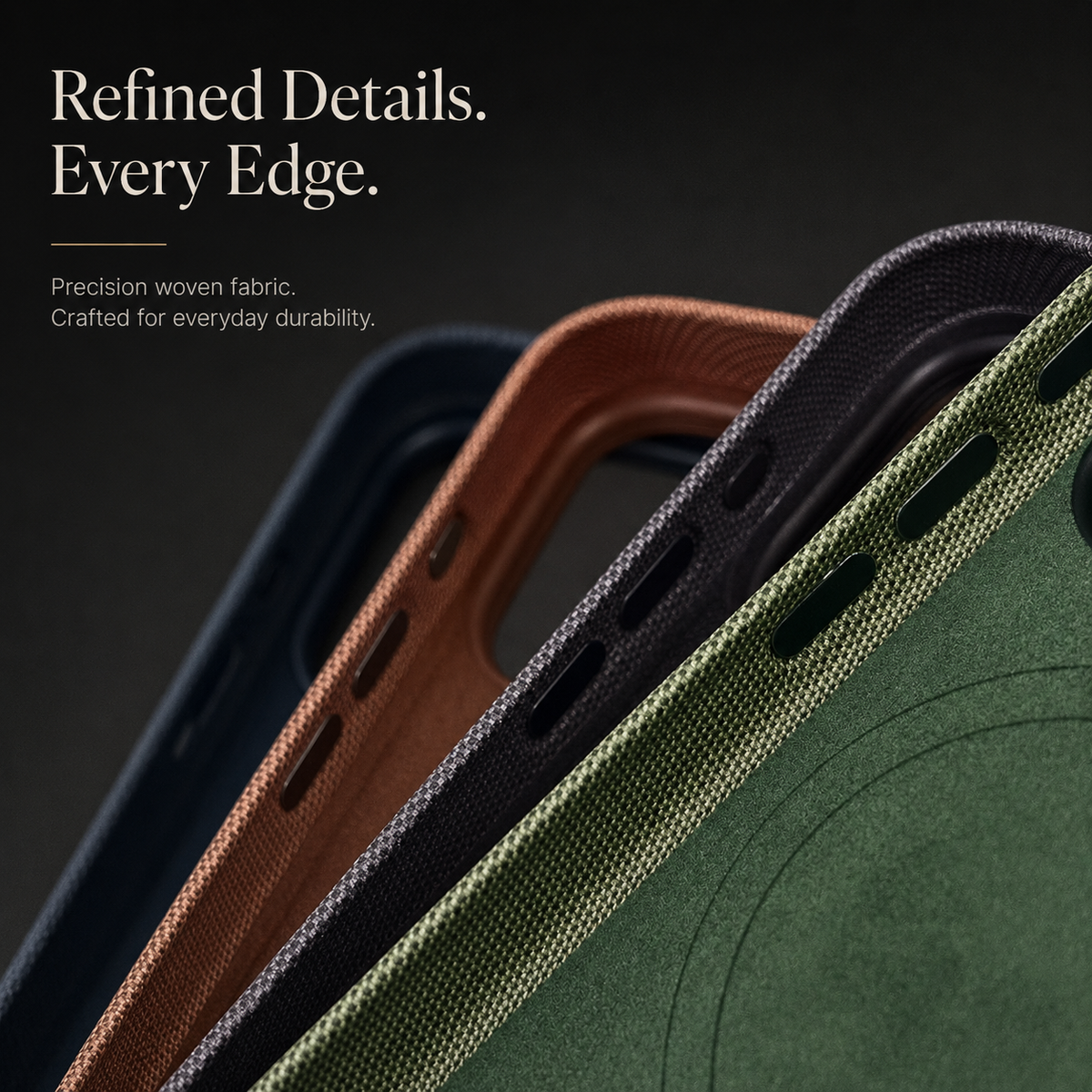 Close view of overlapping blue, rust brown, purple and green case edges. The fabric weave, charging-port openings, speaker holes and raised borders are visible. The heading reads Refined Details. Every Edge.