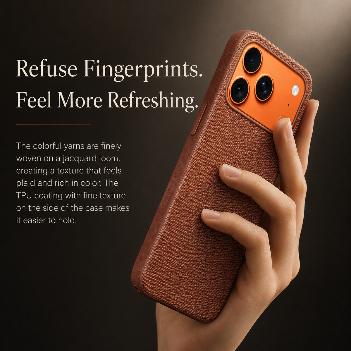 A hand holds a rust brown woven case upright against a dark background, with fingers curved around its side. The heading reads Refuse Fingerprints. Feel More Refreshing. Smaller text describes woven yarns and a textured side coating.