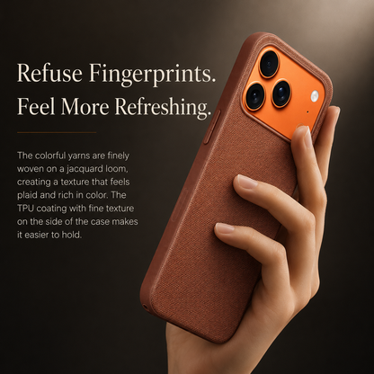 A hand holds a rust brown woven case upright against a dark background, with fingers curved around its side. The heading reads Refuse Fingerprints. Feel More Refreshing. Smaller text describes woven yarns and a textured side coating.