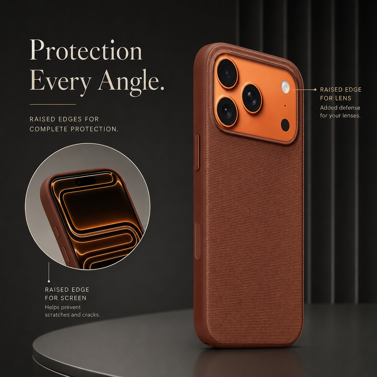 A rust brown phone case stands on a round dark pedestal. A circular inset shows the raised front rim, while a label points to the border around the rear camera opening. The heading reads Protection Every Angle.