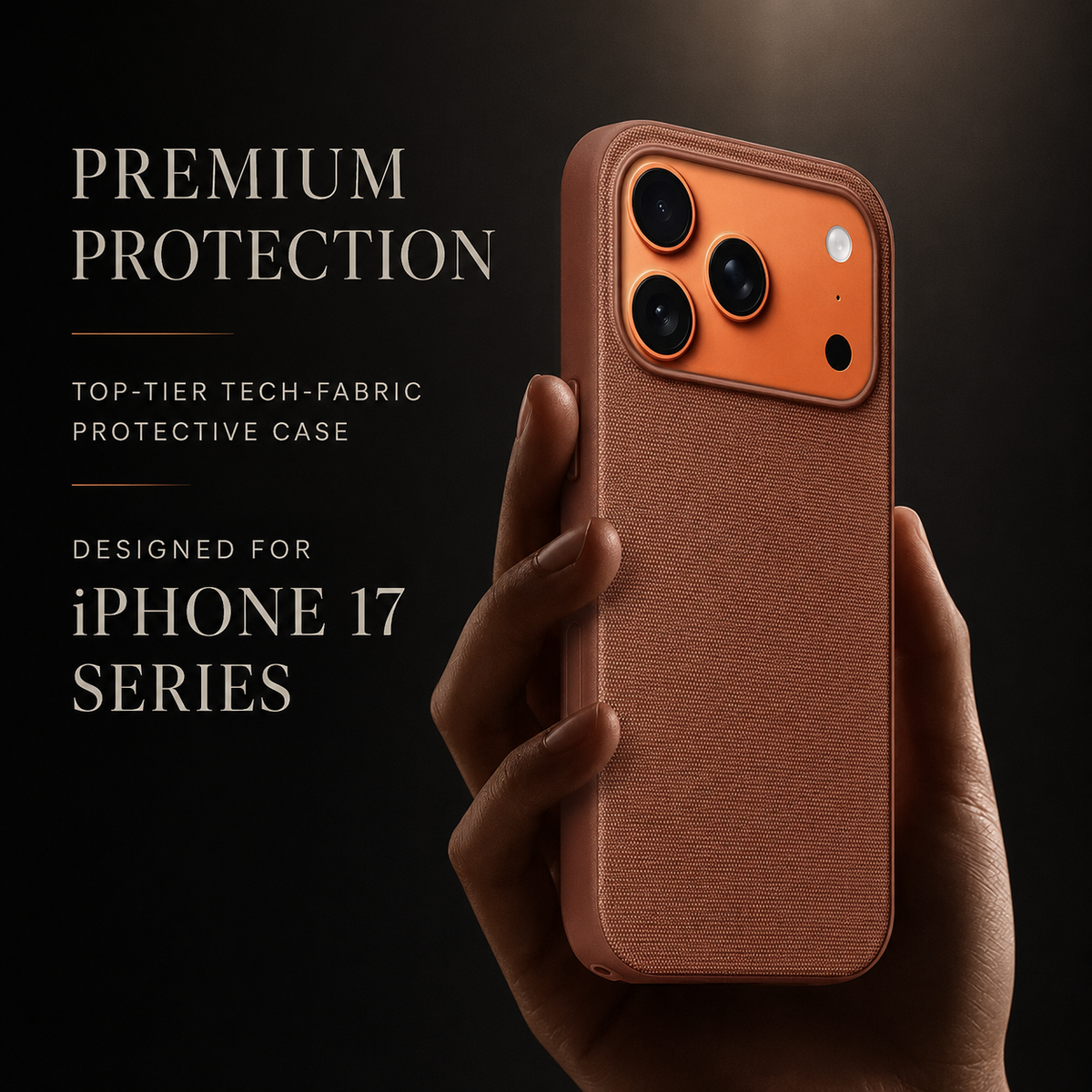 A hand holds a rust brown woven phone case upright against a black background. Its orange camera surround frames three black lenses. The heading reads Premium Protection, followed by Top-Tier Tech-Fabric Protective Case and Designed for iPhone 17 Series.