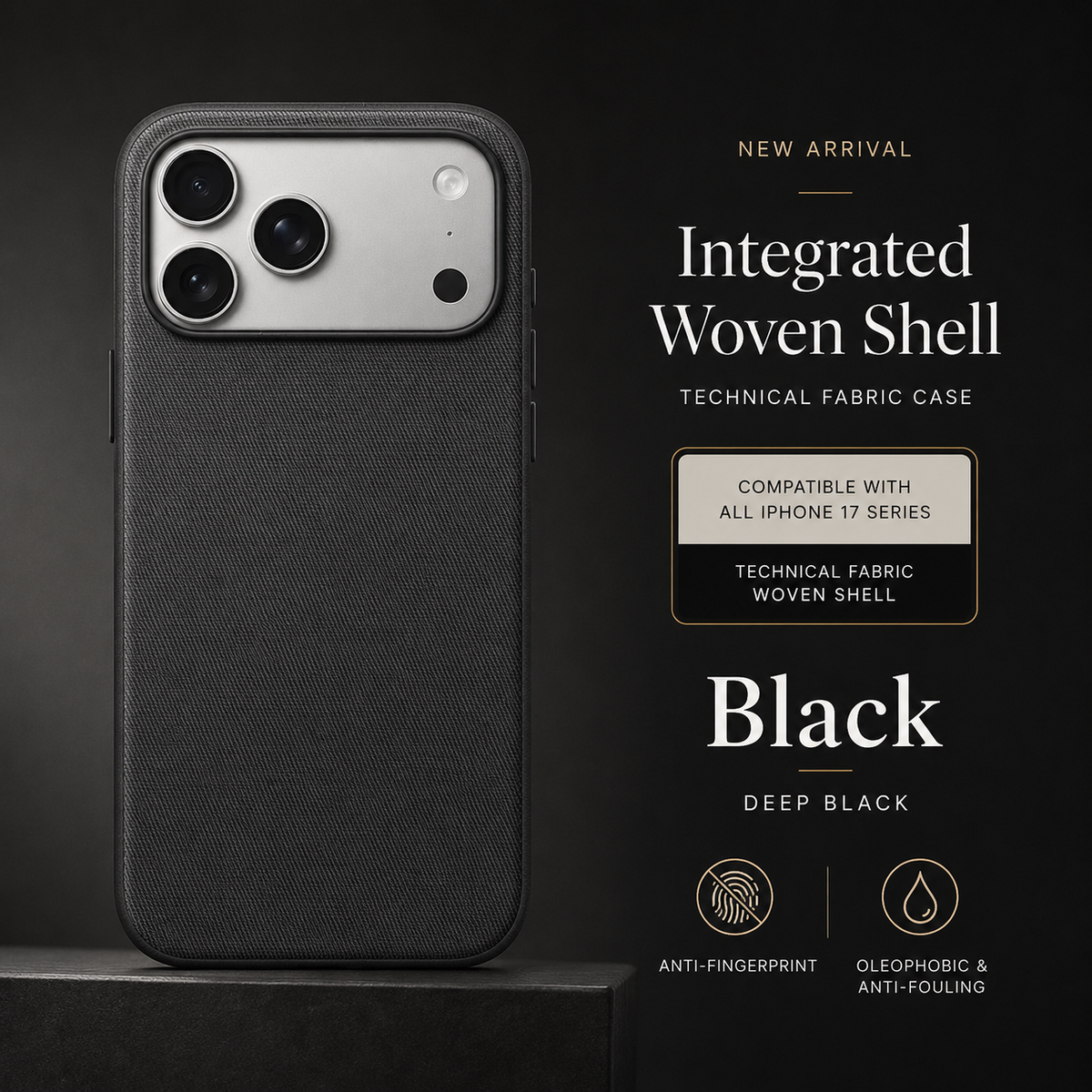A black woven phone case stands on a dark stone ledge with its rear facing forward. A silver camera panel spans the top. Text reads Integrated Woven Shell, Technical Fabric Case and Black, with smaller labels advertising fingerprint and stain resistance.
