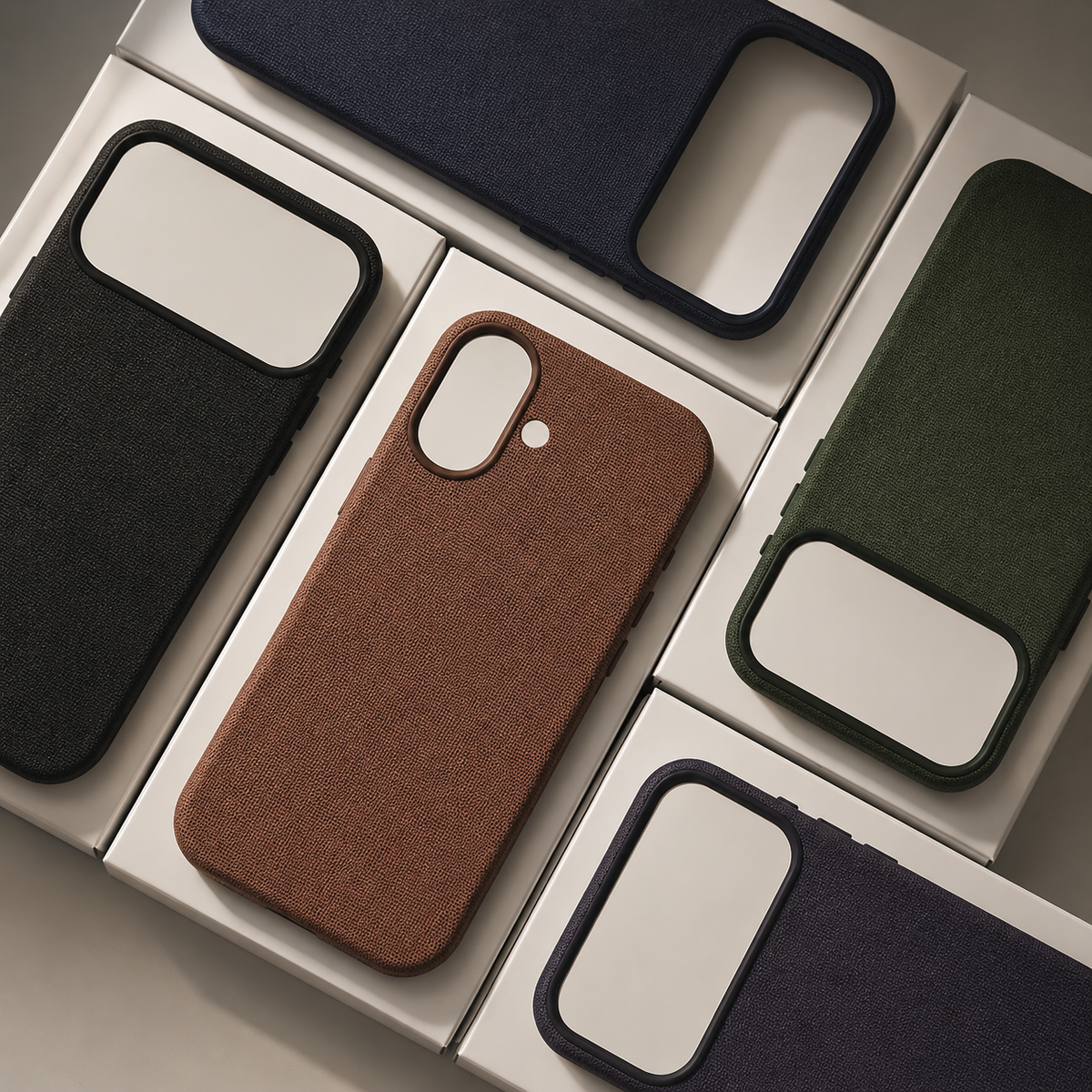 Overhead view of five empty woven cases arranged diagonally in pale packaging trays. Black, blue, green and purple cases have broad rectangular camera cutouts; the rust brown case in the center has a smaller rounded opening. Fabric texture covers each back.