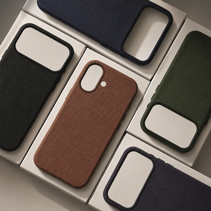Overhead view of five empty woven cases arranged diagonally in pale packaging trays. Black, blue, green and purple cases have broad rectangular camera cutouts; the rust brown case in the center has a smaller rounded opening. Fabric texture covers each back.
