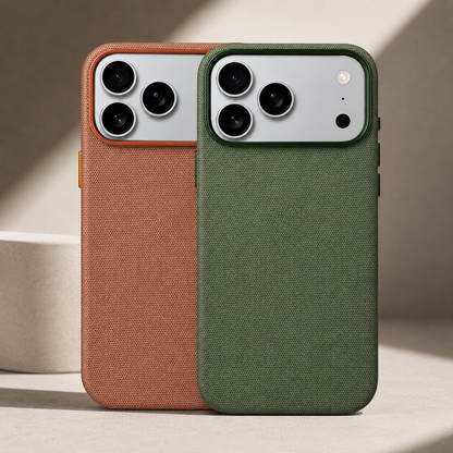 An olive green woven phone case stands in front of a rust brown version on a pale stone surface. Both have silver rectangular camera panels with three black lenses, and matching raised borders around their fabric-covered backs.