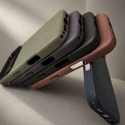Five woven cases lean together in a sloping arrangement, showing their lower and side edges. Green, purple, black and rust brown cases overlap above a blue case leaning toward the right. Charging cutouts, speaker holes and textured fabric surfaces are visible.