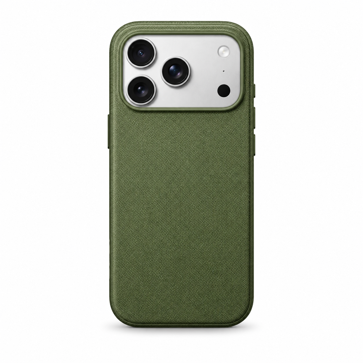 Rear view of an olive green phone case standing upright against a white background. Its broad back has a fine woven fabric texture, framed by a smooth matching rim. A wide rectangular opening at the top surrounds three camera lenses, flash and sensor. Covered buttons project slightly from the sides.