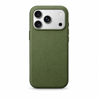 Rear view of an olive green phone case standing upright against a white background. Its broad back has a fine woven fabric texture, framed by a smooth matching rim. A wide rectangular opening at the top surrounds three camera lenses, flash and sensor. Covered buttons project slightly from the sides.