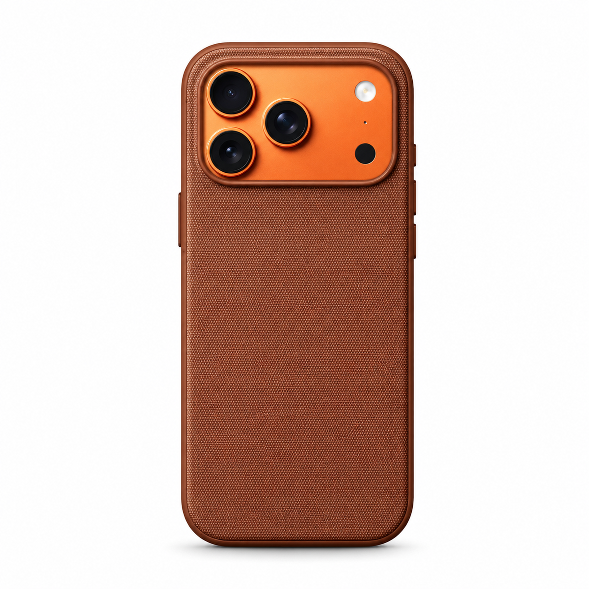 Rear view of a rust brown phone case standing upright against a white background. Its broad back has a fine woven fabric texture, framed by a smooth matching rim. A wide rectangular opening at the top surrounds three camera lenses, flash and sensor. Covered buttons project slightly from the sides.