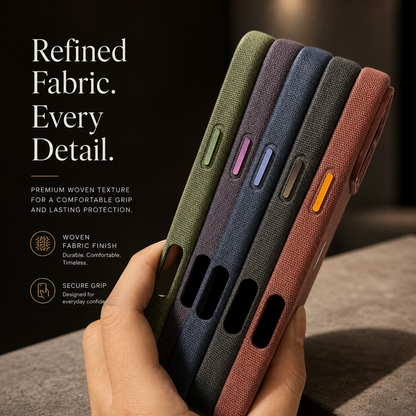A hand fans five woven phone cases to show their side edges in green, purple, blue, black and rust brown. Contrasting button covers and elongated charging and speaker openings are visible. The heading reads Refined Fabric. Every Detail.