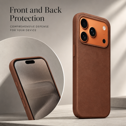 A rust brown woven case stands upright on a pale stone surface, showing its rear camera opening. A circular inset shows the front rim surrounding a phone screen. The heading reads Front and Back Protection.