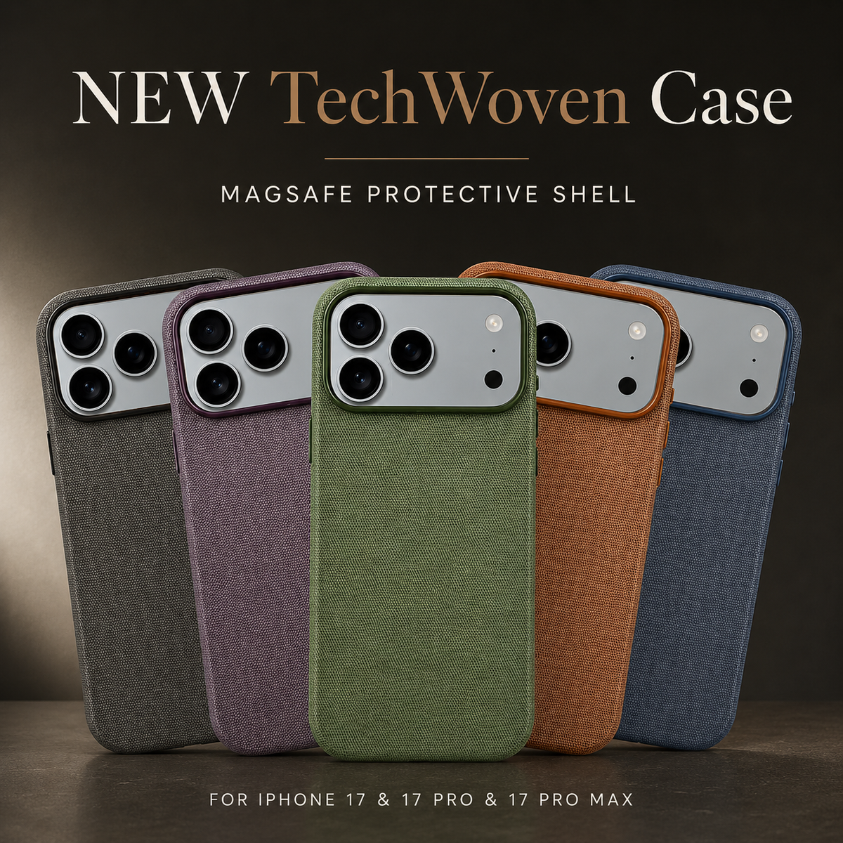 Five fabric-covered cases stand in an overlapping fan, in black, muted purple, olive green, rust brown and blue. Each has a wide rectangular camera opening. The heading reads NEW TechWoven Case, with smaller text identifying a MagSafe protective shell for iPhone 17, 17 Pro and 17 Pro Max.