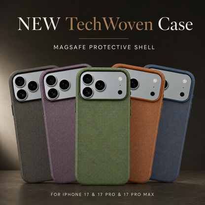 Five fabric-covered cases stand in an overlapping fan, in black, muted purple, olive green, rust brown and blue. Each has a wide rectangular camera opening. The heading reads NEW TechWoven Case, with smaller text identifying a MagSafe protective shell for iPhone 17, 17 Pro and 17 Pro Max.
