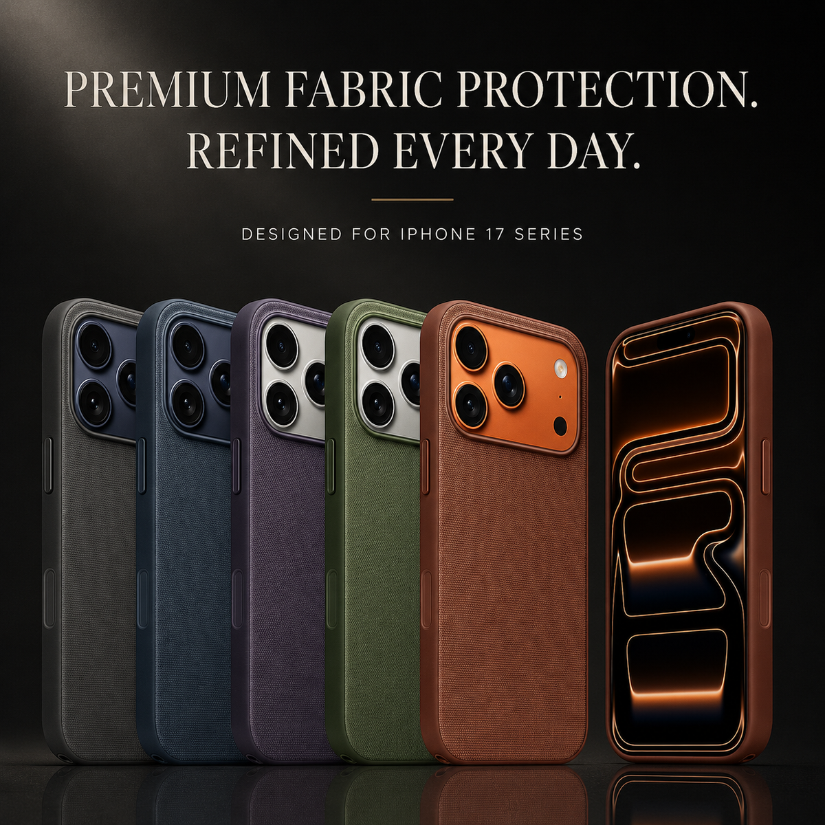 Five phones in black, blue, purple, green and rust brown woven cases stand side by side on a reflective black surface. A separate front-facing phone displays an orange outlined graphic. The heading reads Premium Fabric Protection. Refined Every Day.