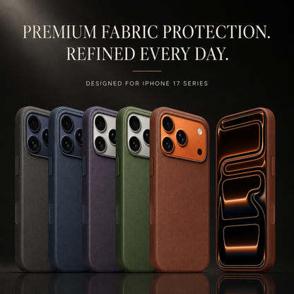 Five phones in black, blue, purple, green and rust brown woven cases stand side by side on a reflective black surface. A separate front-facing phone displays an orange outlined graphic. The heading reads Premium Fabric Protection. Refined Every Day.