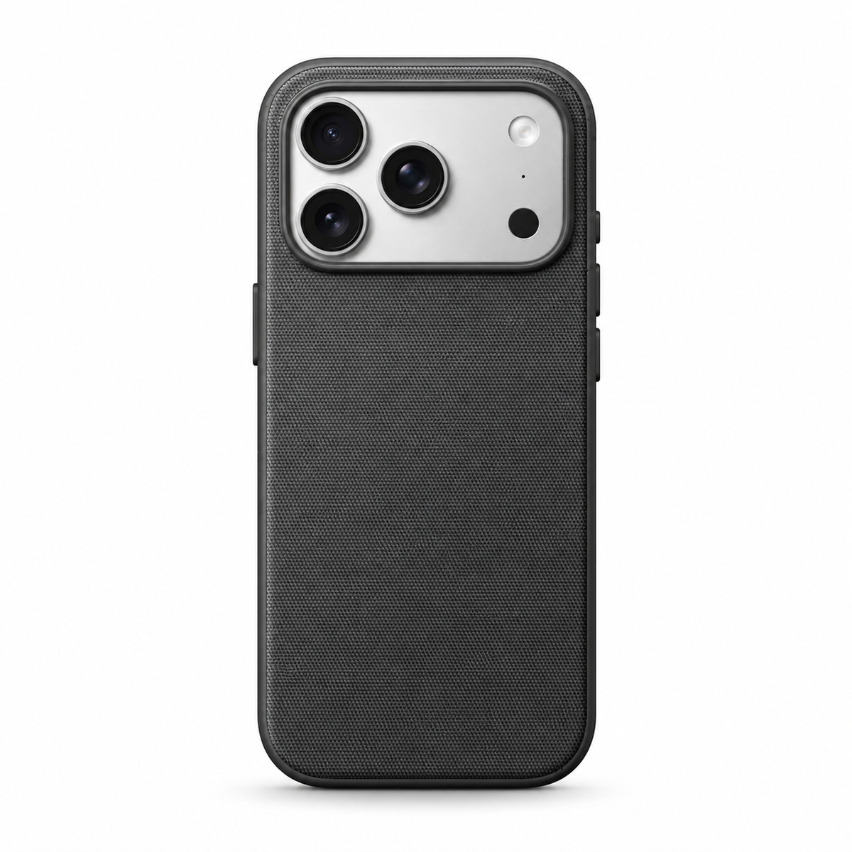 Rear view of a black phone case standing upright against a white background. Its broad back has a fine woven fabric texture, framed by a smooth matching rim. A wide rectangular opening at the top surrounds three camera lenses, flash and sensor. Covered buttons project slightly from the sides.