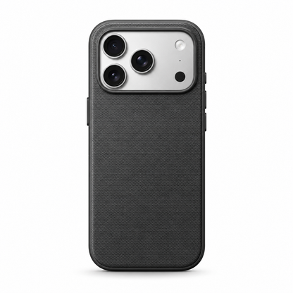 Rear view of a black phone case standing upright against a white background. Its broad back has a fine woven fabric texture, framed by a smooth matching rim. A wide rectangular opening at the top surrounds three camera lenses, flash and sensor. Covered buttons project slightly from the sides.