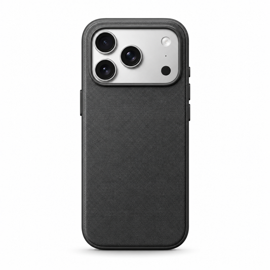 Rear view of a black phone case standing upright against a white background. Its broad back has a fine woven fabric texture, framed by a smooth matching rim. A wide rectangular opening at the top surrounds three camera lenses, flash and sensor. Covered buttons project slightly from the sides.
