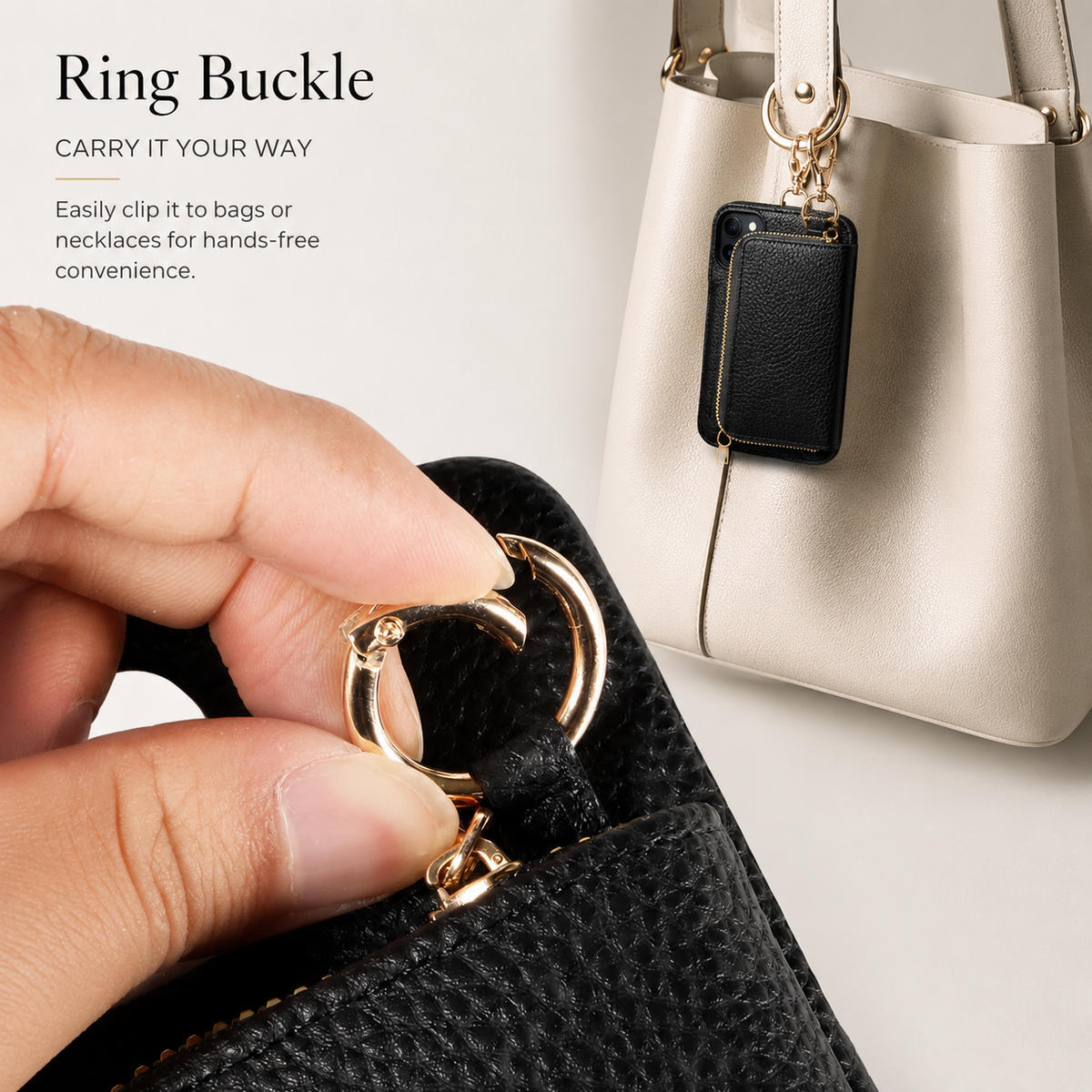 A close-up shows a hand opening the gold-colored ring fitting on a black wallet case. An inset shows the case clipped to the outside of a pale handbag.