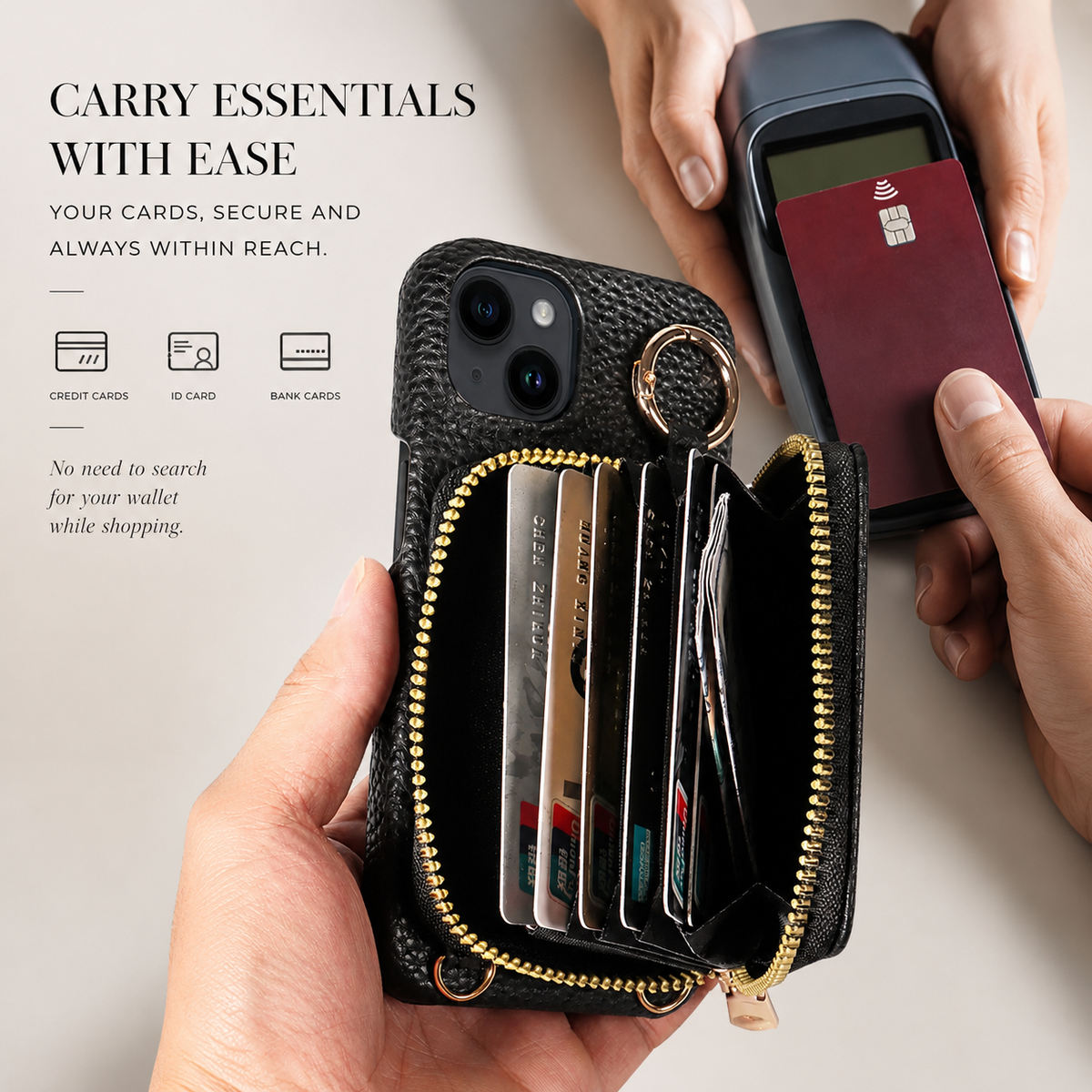 Hands open a black case's zippered accordion wallet, revealing cards in several narrow compartments. Another view shows a red card being handled beside a payment terminal.