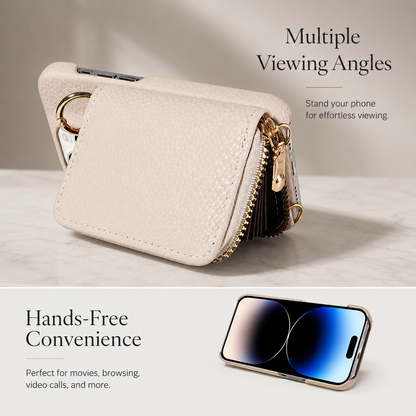 A cream wallet case folds into a triangular support on a tabletop. A smaller front view shows the phone resting horizontally for hands-free viewing.