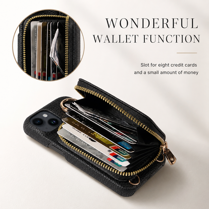 An open black zippered wallet case reveals an accordion row of cards, with a circular enlarged view of the compartments. Text advertises space for eight cards and a small amount of money.