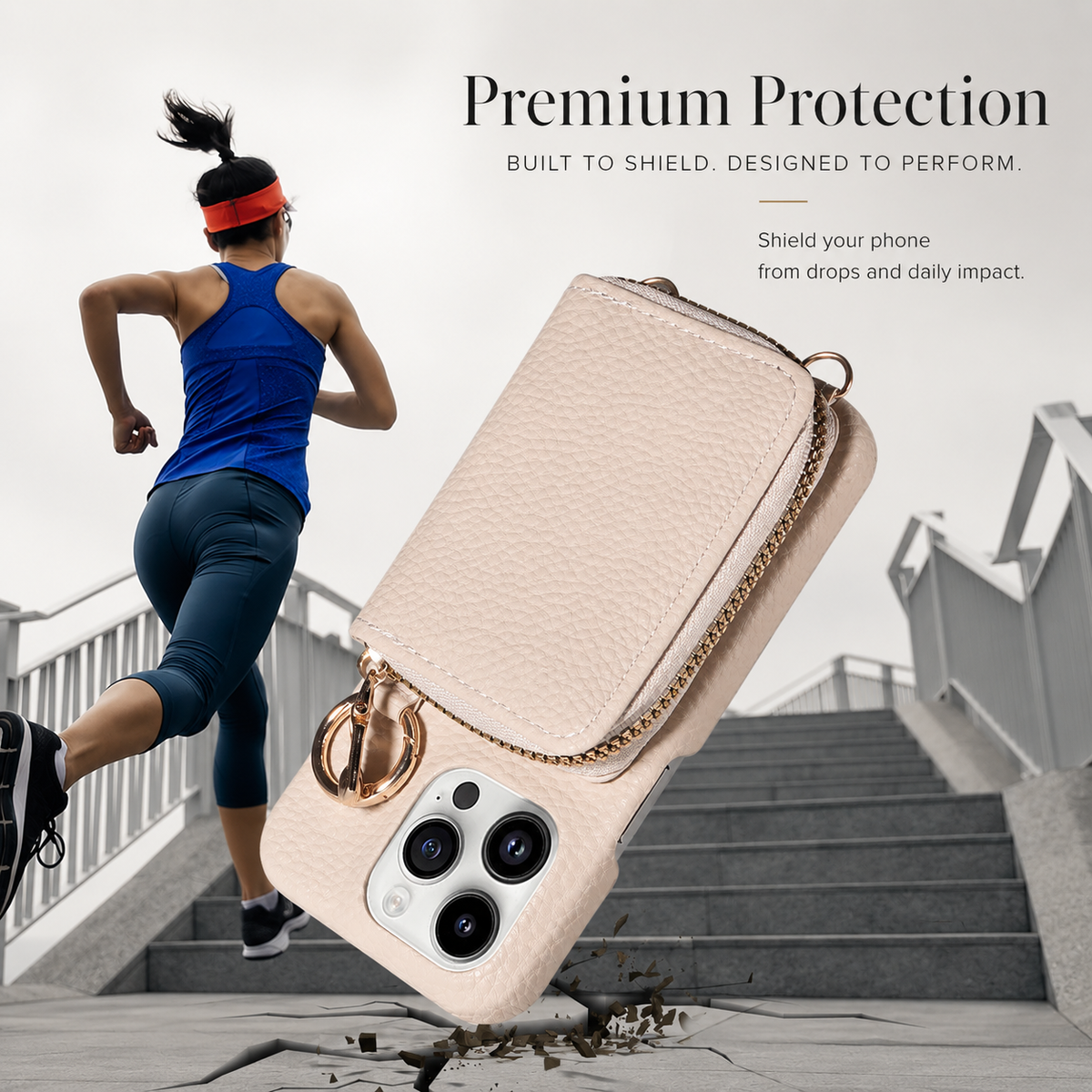 A person runs up outdoor stairs beside an enlarged cream wallet phone case angled toward broken ground. Text advertises protection from drops and daily impact.