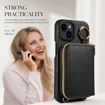 A smiling person holds a black phone to their ear beside an enlarged rear view of the black wallet case. The raised zippered pouch and gold-colored ring remain below the camera opening.