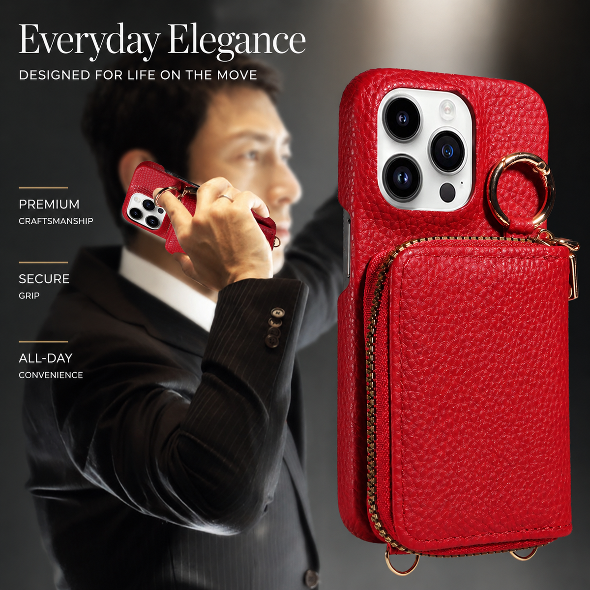 A person in dark formal clothing uses a red phone at their ear beside an enlarged view of its textured wallet case. The red zippered pouch sits below three camera lenses.