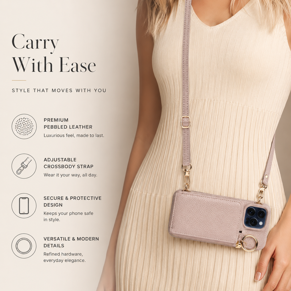 A person in a cream sleeveless dress wears a pale textured wallet phone case horizontally at their waist on a long strap. Text highlights the adjustable strap and ring fittings.