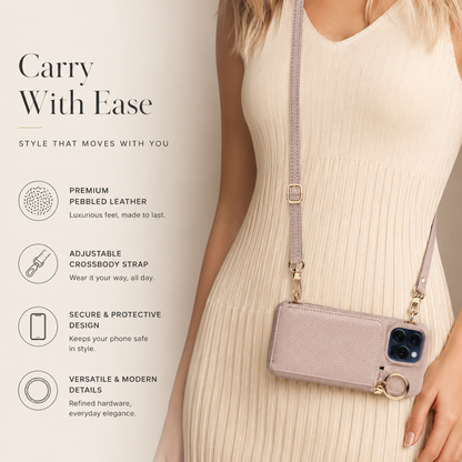 A person in a cream sleeveless dress wears a pale textured wallet phone case horizontally at their waist on a long strap. Text highlights the adjustable strap and ring fittings.
