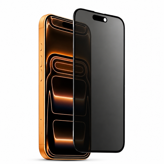 An orange-edged phone with an orange abstract screen stands behind one dark privacy screen protector with a black border and pill-shaped opening near the top.