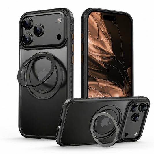 Image showing premium Black Ring Kickstandi Phone Cases, featuring iphone magsafe case with 360° rotating stand & shockproof protection.