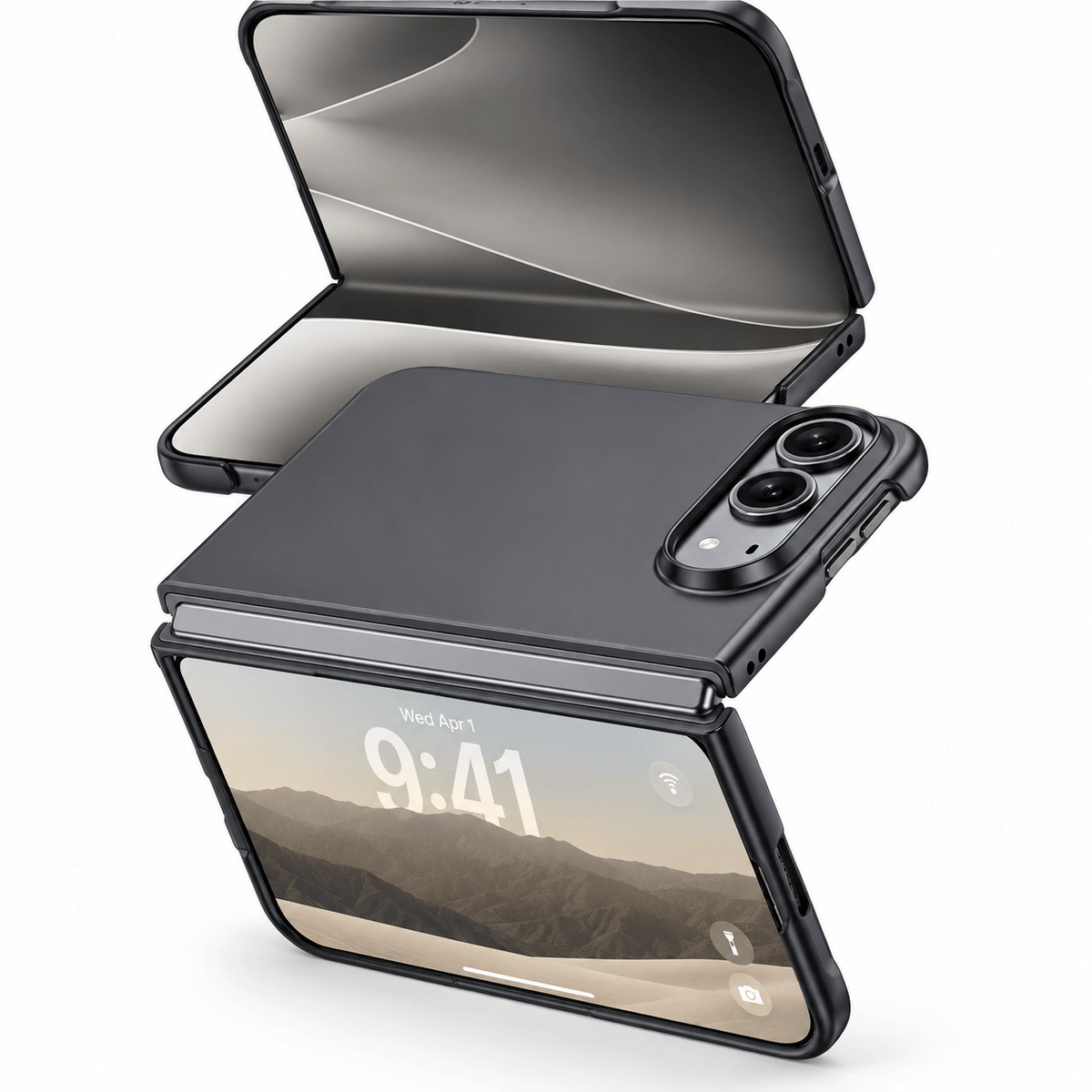 A black protective case for a folding smartphone, shown on an open foldable phone in two views against a clean white background.