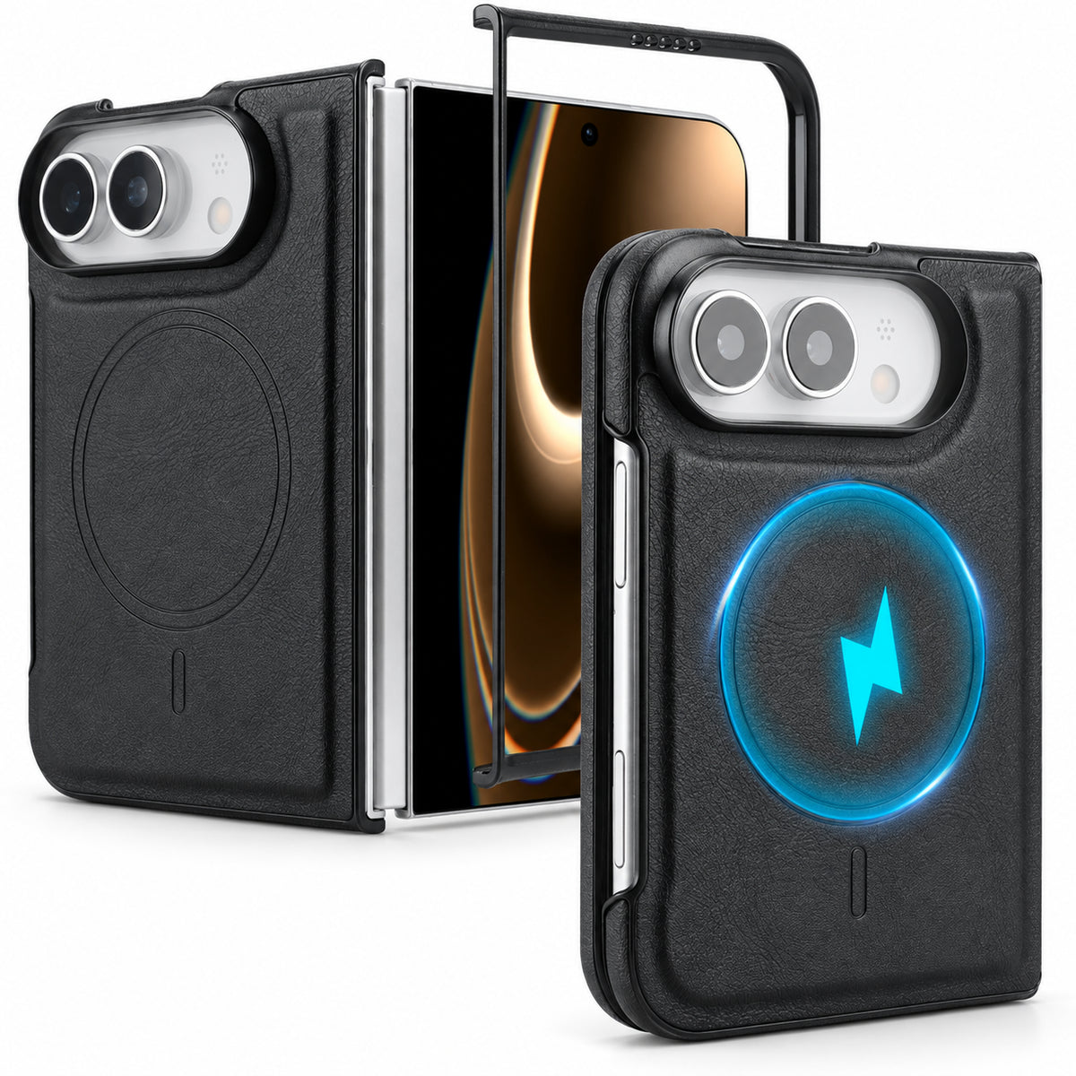Image showing premium Foldable Leather Case Showcase, featuring iphone magnetic leather folding case with shockproof protection.