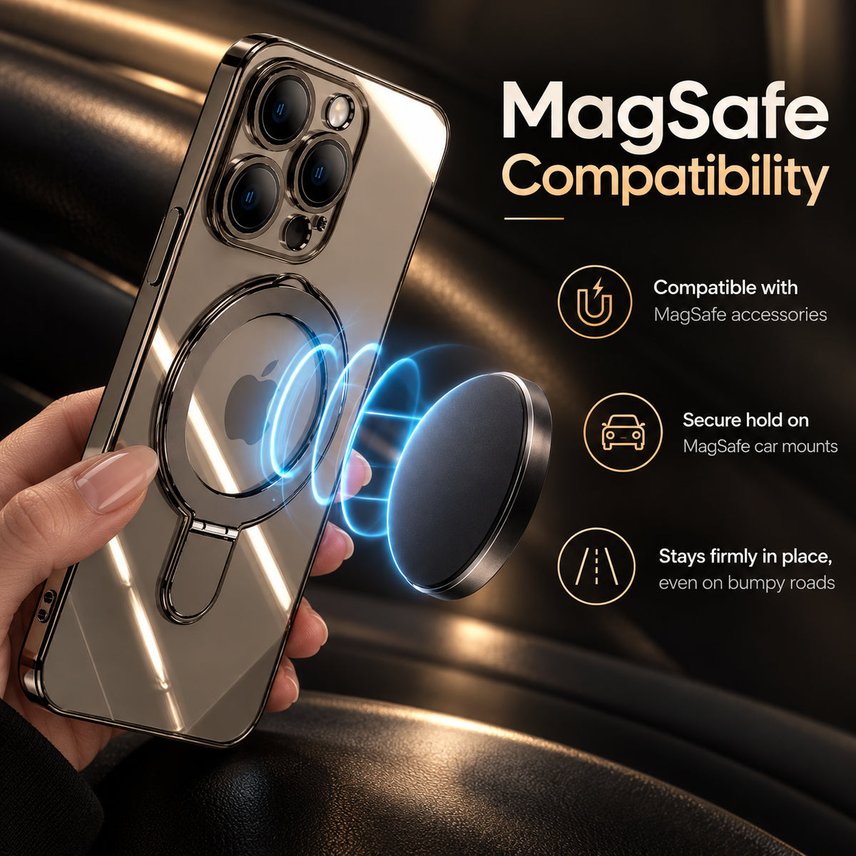 Image of iphone 18 magsafe magnetic clear case, showing premiummagsafecompatibilityadvertisement.