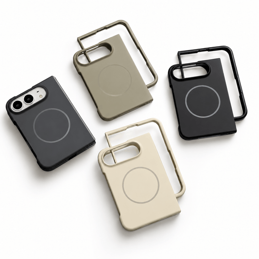 Four MagSafe-compatible phone cases in black, olive green, and beige, arranged on a clean white background.