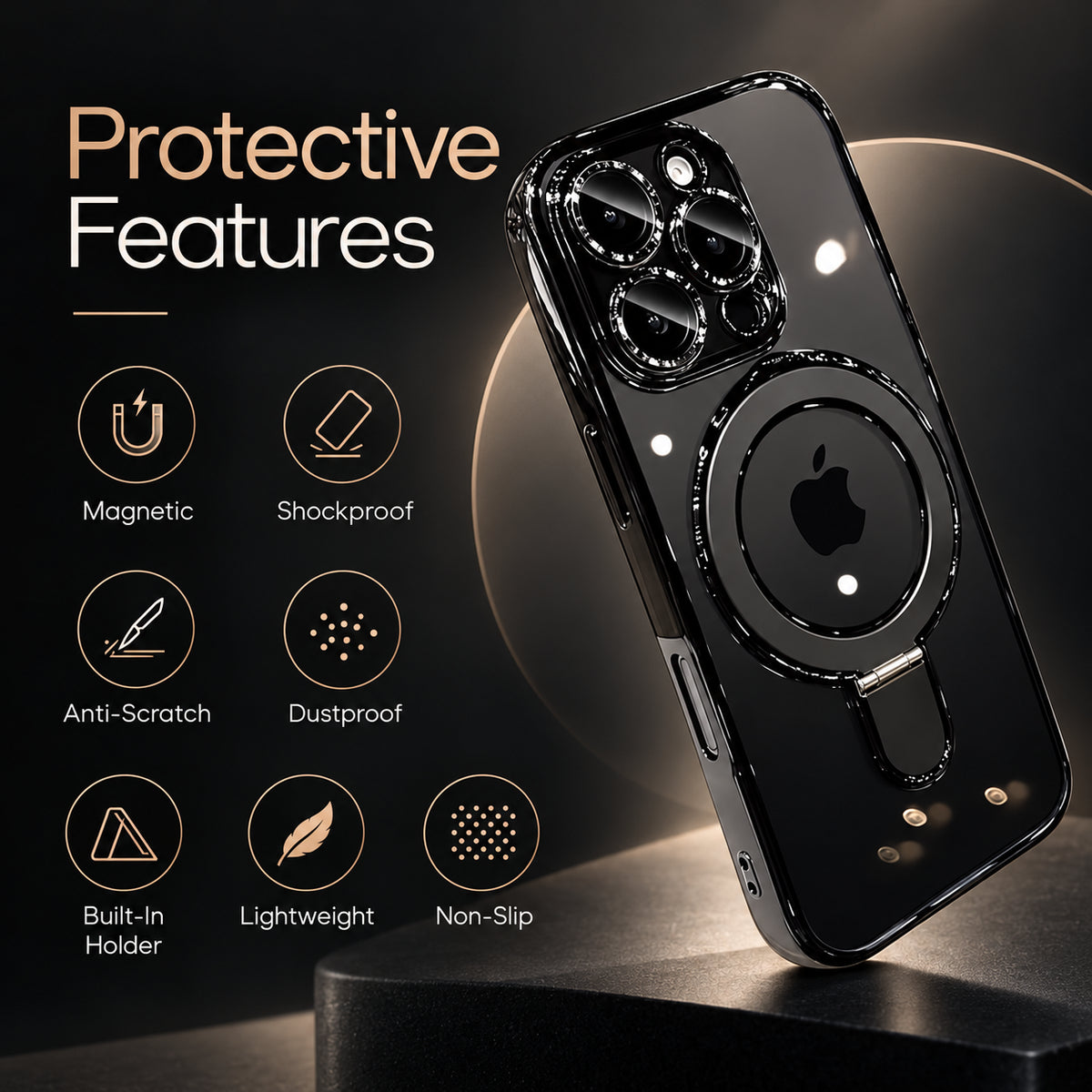 A glossy black protective phone case with a built-in magnetic ring and kickstand, shown on a smartphone. The left side of the image features a dark background with text reading 'Protective Features' and icons for magnetic, shockproof, anti-scratch, dustproof, built-in holder, lightweight, and non-slip properties.