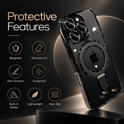 A glossy black protective phone case with a built-in magnetic ring and kickstand, shown on a smartphone. The left side of the image features a dark background with text reading 'Protective Features' and icons for magnetic, shockproof, anti-scratch, dustproof, built-in holder, lightweight, and non-slip properties.