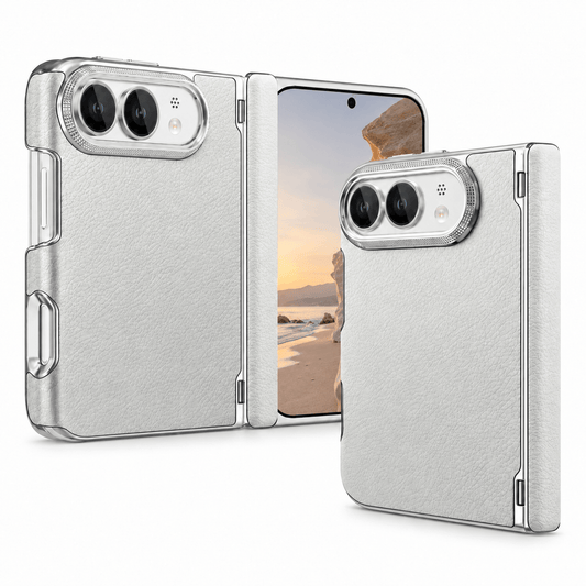 A silver textured phone case shown on a foldable smartphone in two views: one open and one closed, displayed on a clean white background.