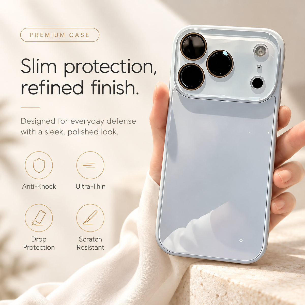 Image showing premium Slim Protection Case, featuring iphone slim shockproof case with tempered glass back & camera protection.