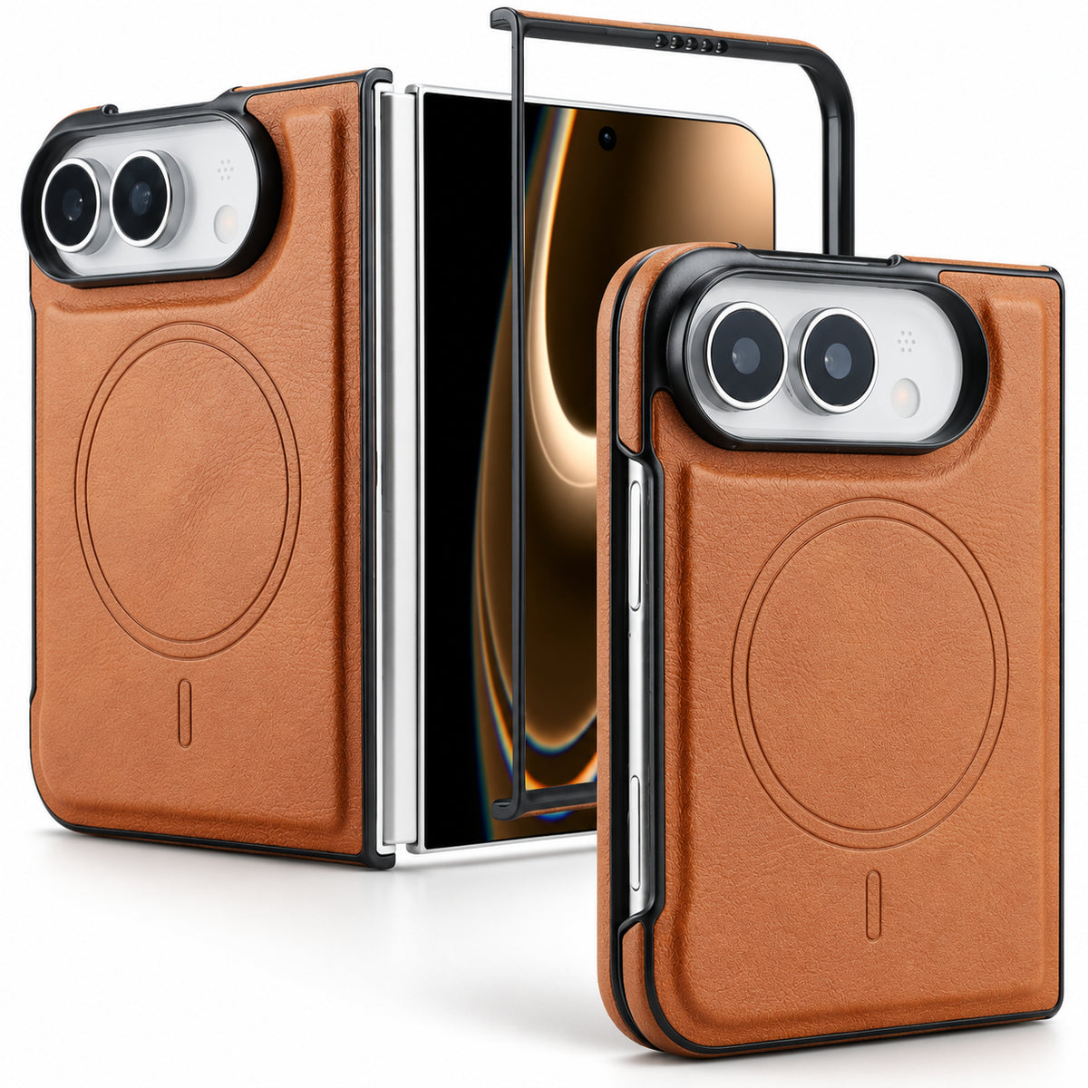 Image showing premium Tan Leather Foldable Phone Cases, featuring iphone magnetic leather folding case with shockproof protection.