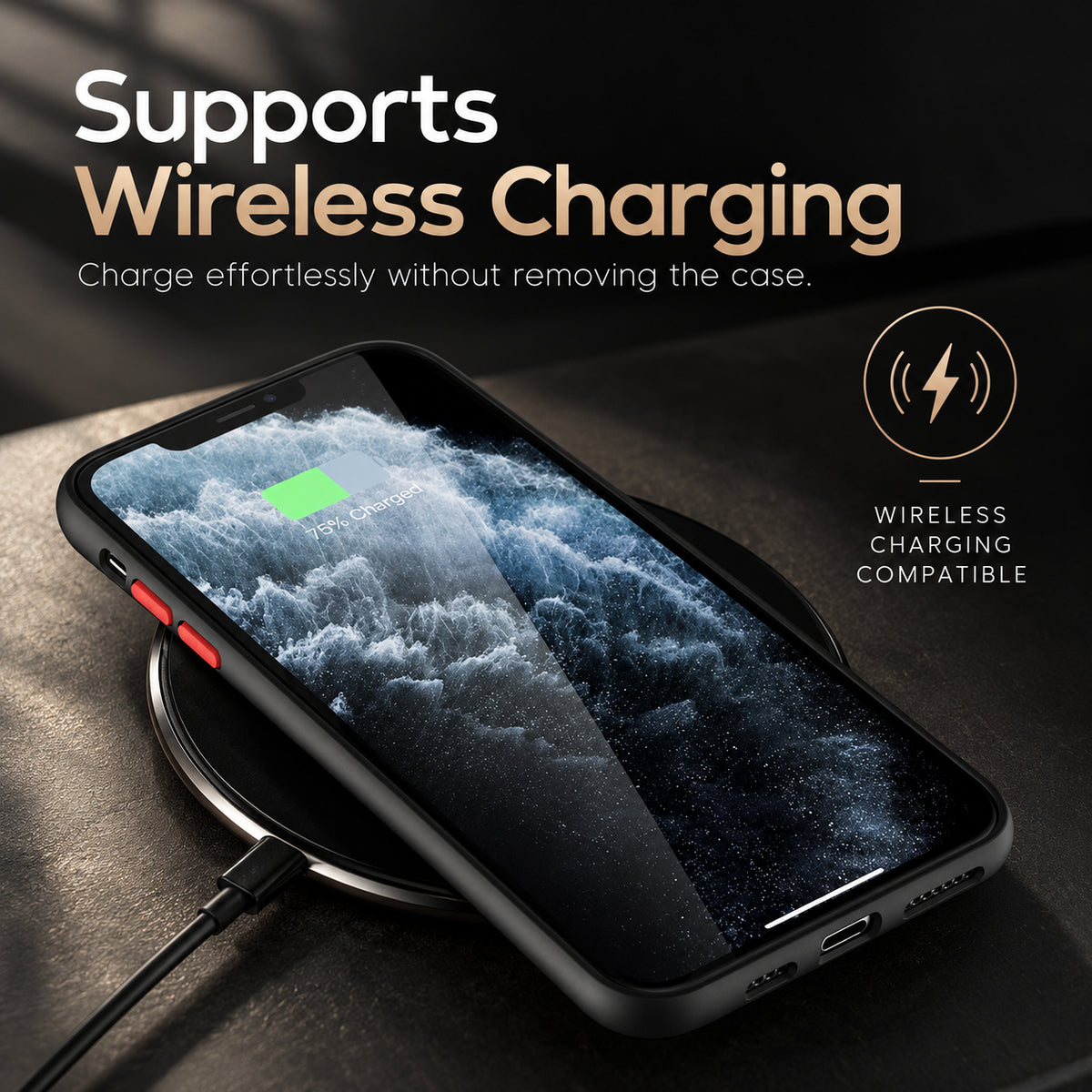 Image showing premium Wireless Charging Advertisement, featuring iphone hard matte magsafe case with anti-fingerprint finish & slim protection.