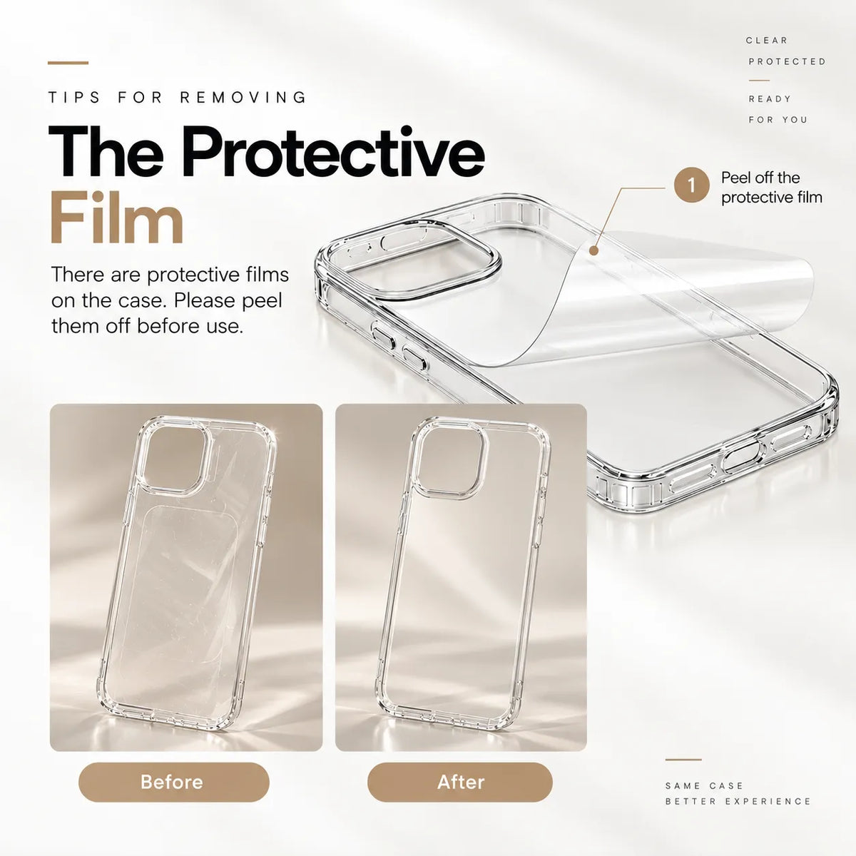 Clear protective phone case with a peel-off film, shown on a light beige background with text instructions and before/after comparison panels.