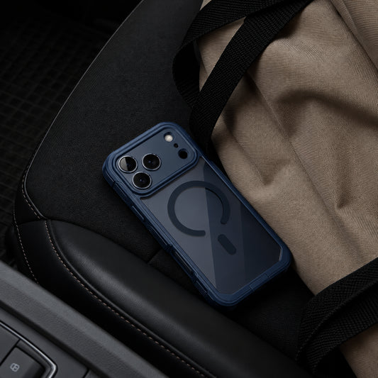 Image showing rugged Blue Phoneon Car Seat, featuring iphone magnetic armor case with double-sided clear protection & shockproof bumper.