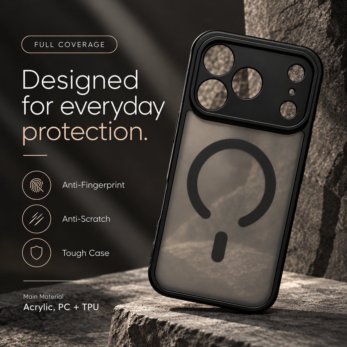 Image showing rugged Translucent Case Advertisement, featuring iphone matte translucent magsafe case with anti-fingerprint & scratch protection.
